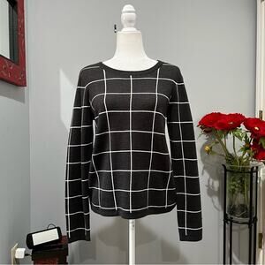 NEW Ann Taylor Wool Windowpane Plaid Grid Scoop Oversized Gray Sweater M NWT